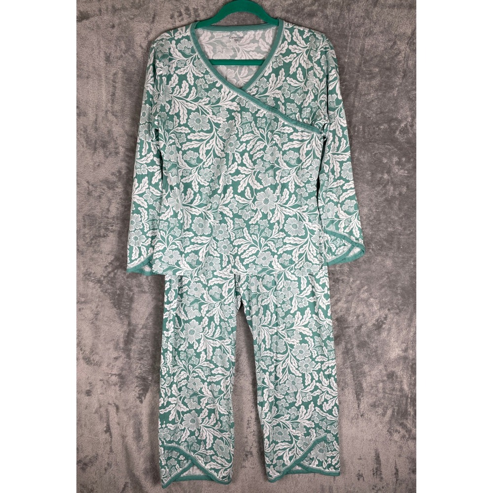 Garnet Hill Pajama Set Womens Small Green Floral Organic Cotton Asian Wrap Top